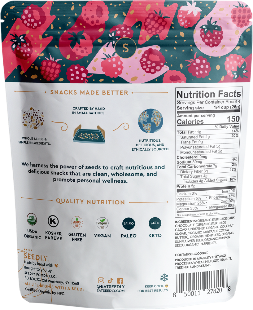 SEEDLY, Raspberry Bliss, Dark Chocolate Bark, 3.6 Oz.