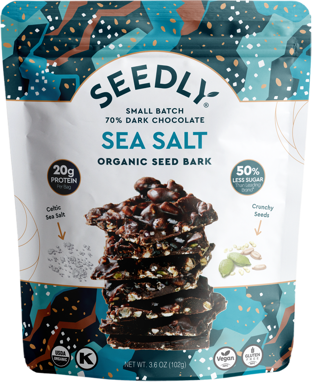 SEEDLY, Celtic Sea Salt, Dark Chocolate Bark, Organic Healthy Snack