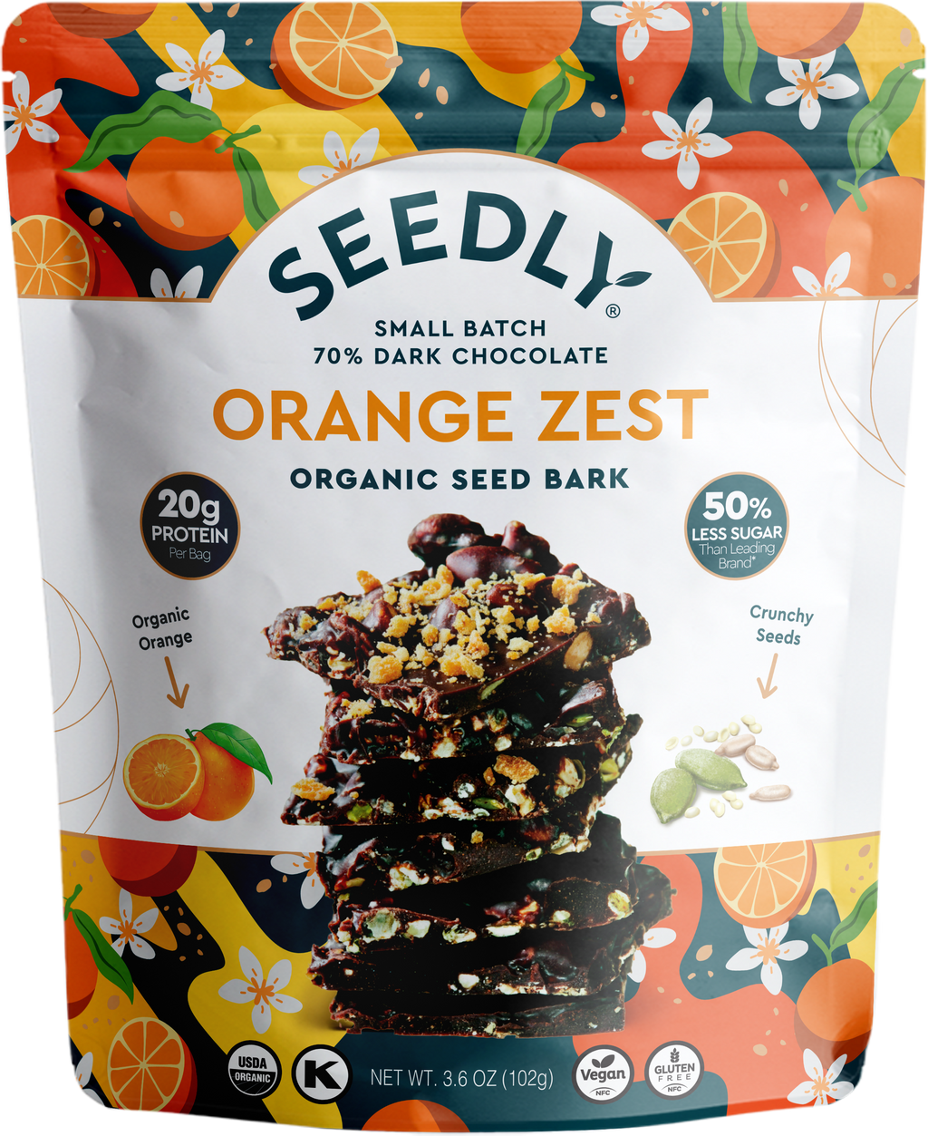 SEEDLY, Orange Zest, Dark Chocolate Bark, 3.6