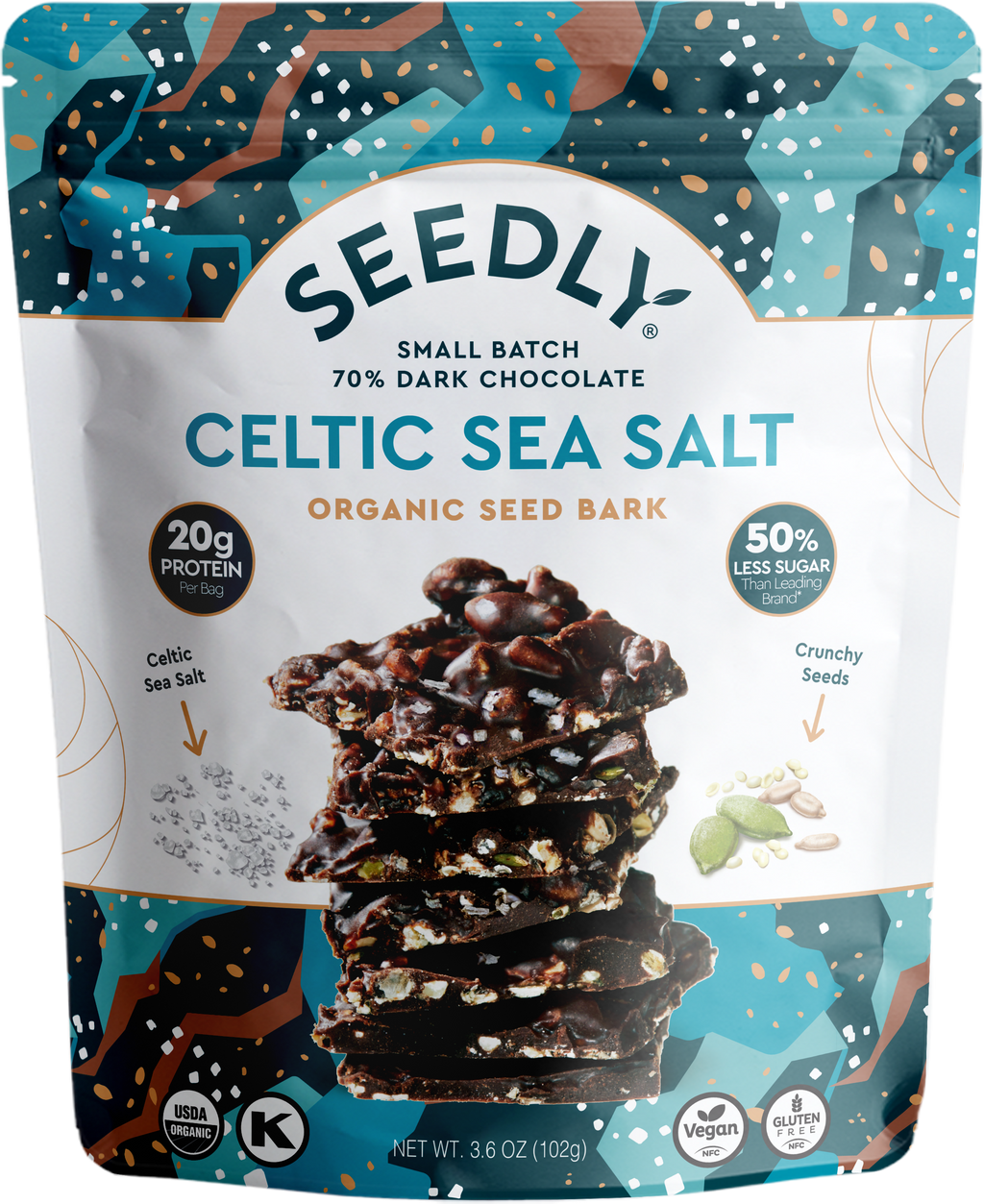 SEEDLY, Celtic Sea Salt, Dark Chocolate Bark, Organic Healthy Snack